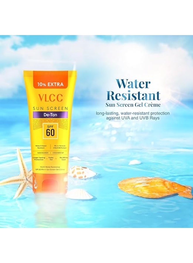 فى ال سي سي كريم جل واقي من الشمس VLCC De-Tan المقاوم للماء بعامل حماية SPF 60 PA+++ - 100 غرام + 10 غرام إضافية | مع النياسيناميد والسيراميدات وفيتامين E | يحمي من أشعة UVA وUVB وأضرار الشمس واسمرار البشرة والشيخوخة المبكرة - Image 2